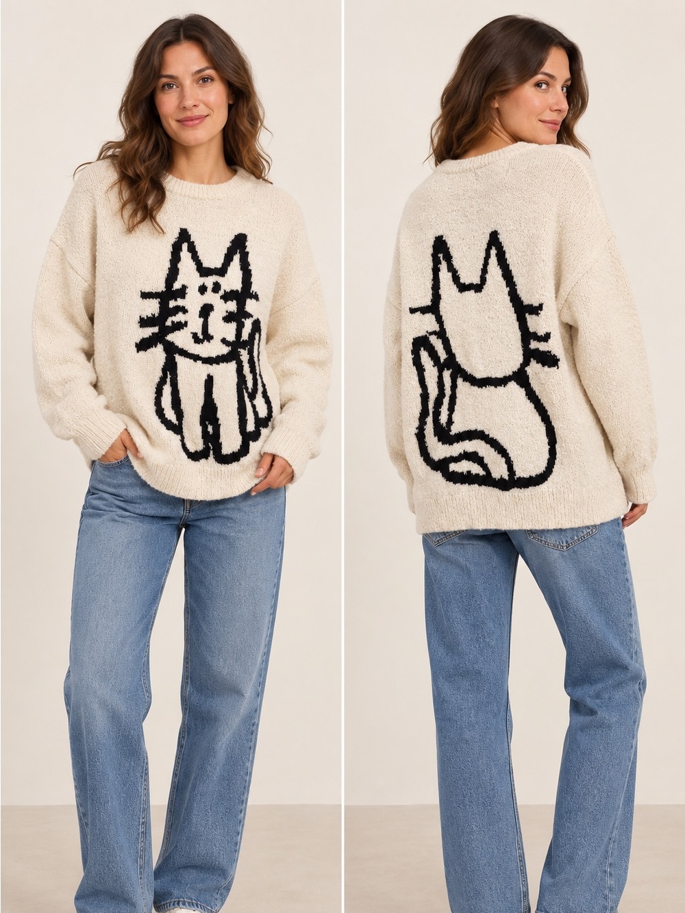 Aelfric Eden Hand Drawn Cat Graphic Sweater M Oversized Slouchy Cream Blk Fall